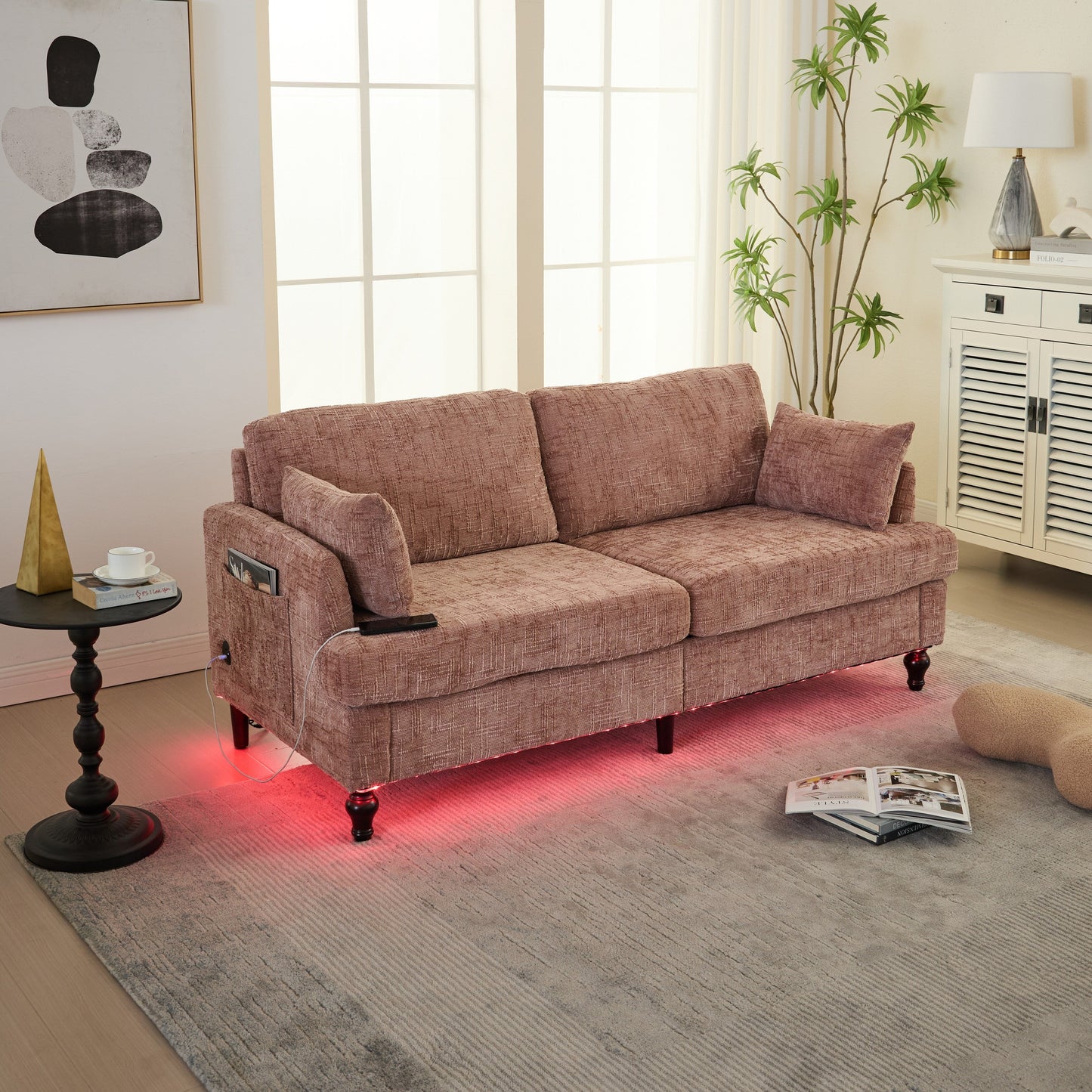Canapé 2 places en chenille de style moderne avec pieds en bois, éclairage LED, port de chargement USB et sac de rangement, pour salon, chambre, bureau