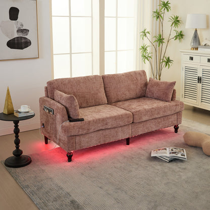 Canapé 2 places en chenille de style moderne avec pieds en bois, éclairage LED, port de chargement USB et sac de rangement, pour salon, chambre, bureau