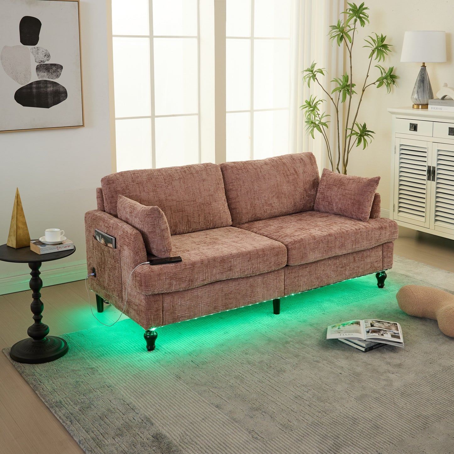 Canapé 2 places en chenille de style moderne avec pieds en bois, éclairage LED, port de chargement USB et sac de rangement, pour salon, chambre, bureau