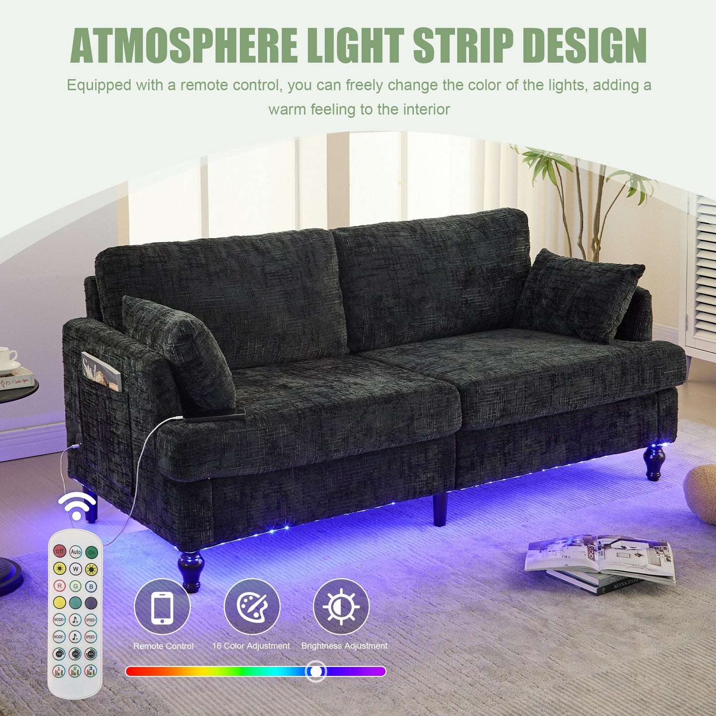 Canapé 2 places en chenille de style moderne avec pieds en bois, éclairage LED, port de chargement USB et sac de rangement, pour salon, chambre, bureau