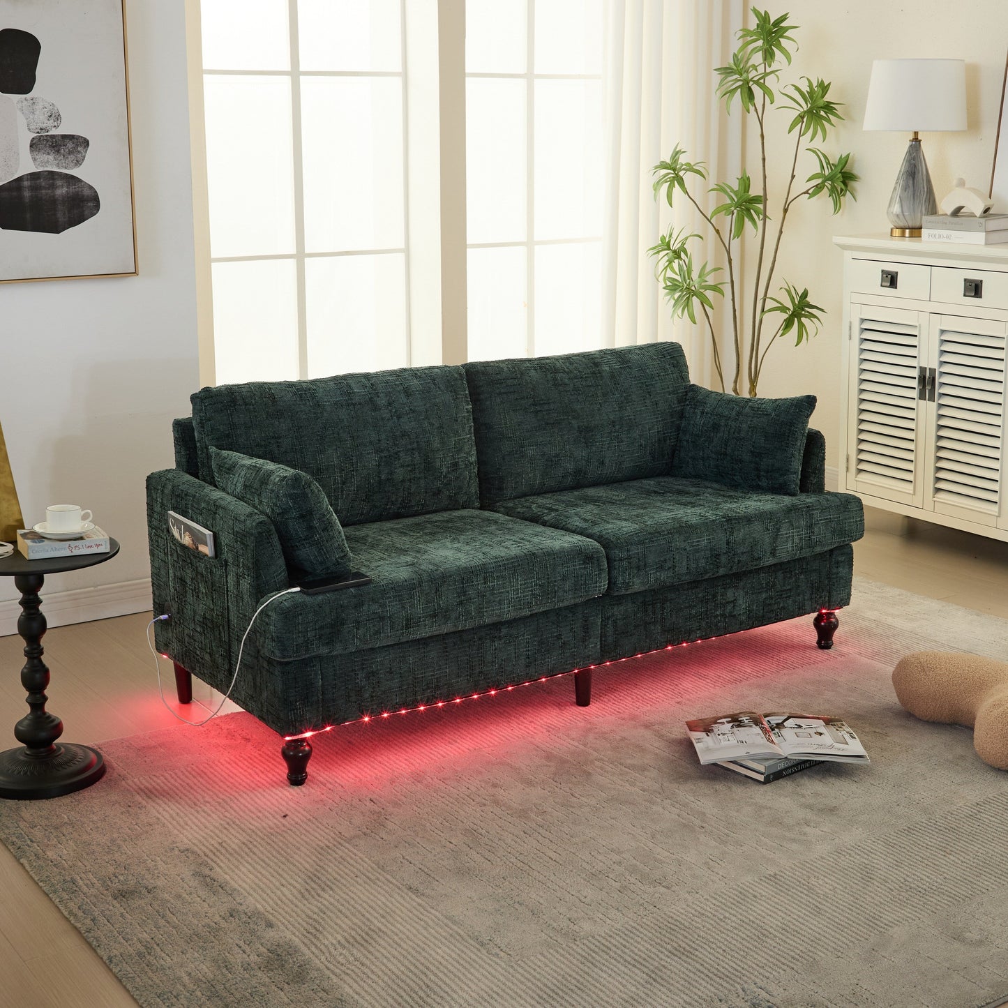 Canapé 2 places en chenille de style moderne avec pieds en bois, éclairage LED, port de chargement USB et sac de rangement, pour salon, chambre, bureau