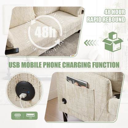Canapé 2 places en chenille de style moderne avec pieds en bois, éclairage LED, port de chargement USB et sac de rangement, pour salon, chambre, bureau