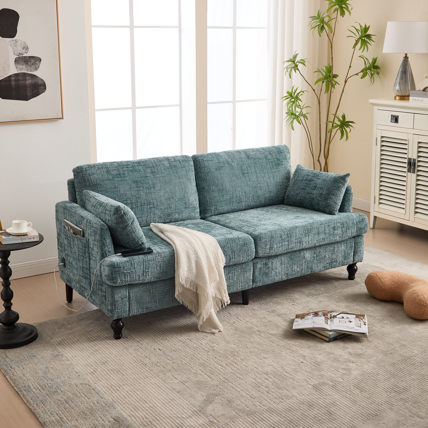 Canapé 2 places en chenille de style moderne avec pieds en bois, éclairage LED, port de chargement USB et sac de rangement, pour salon, chambre, bureau