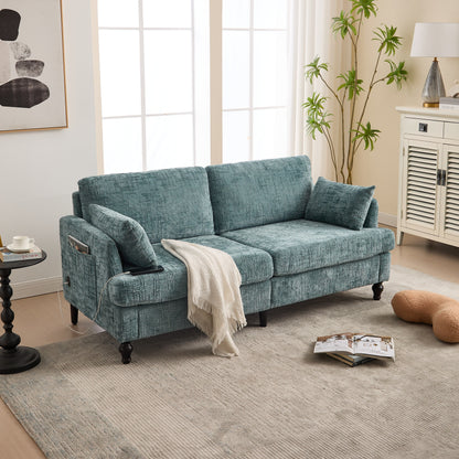 Canapé 2 places en chenille de style moderne avec pieds en bois, éclairage LED, port de chargement USB et sac de rangement, pour salon, chambre, bureau
