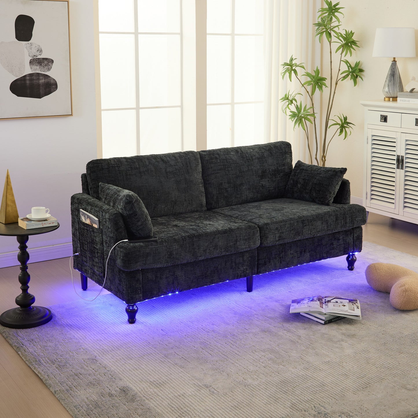Canapé 2 places en chenille de style moderne avec pieds en bois, éclairage LED, port de chargement USB et sac de rangement, pour salon, chambre, bureau