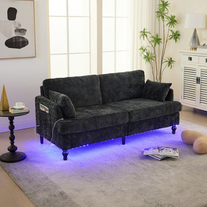 Canapé 2 places en chenille de style moderne avec pieds en bois, éclairage LED, port de chargement USB et sac de rangement, pour salon, chambre, bureau