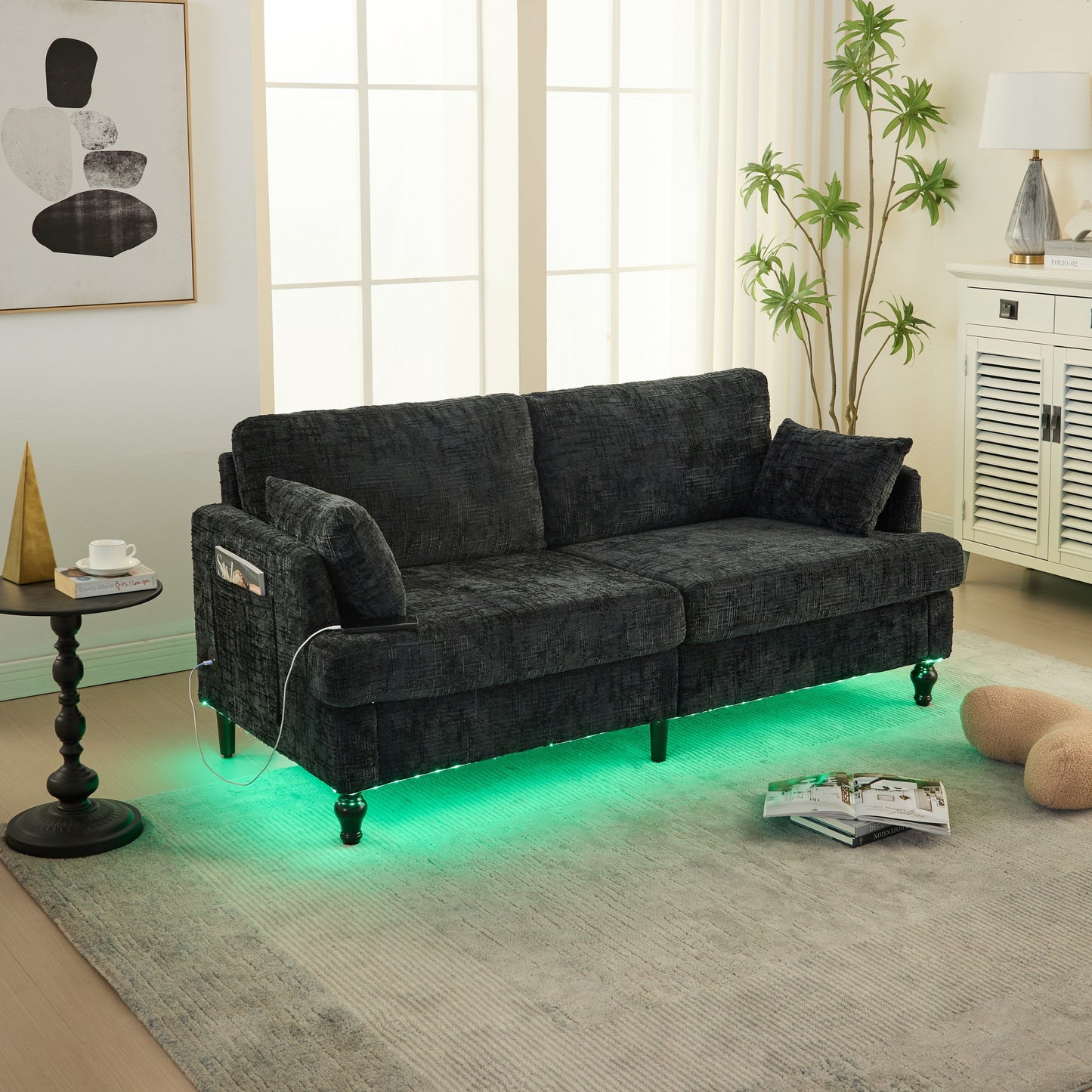 Canapé 2 places en chenille de style moderne avec pieds en bois, éclairage LED, port de chargement USB et sac de rangement, pour salon, chambre, bureau