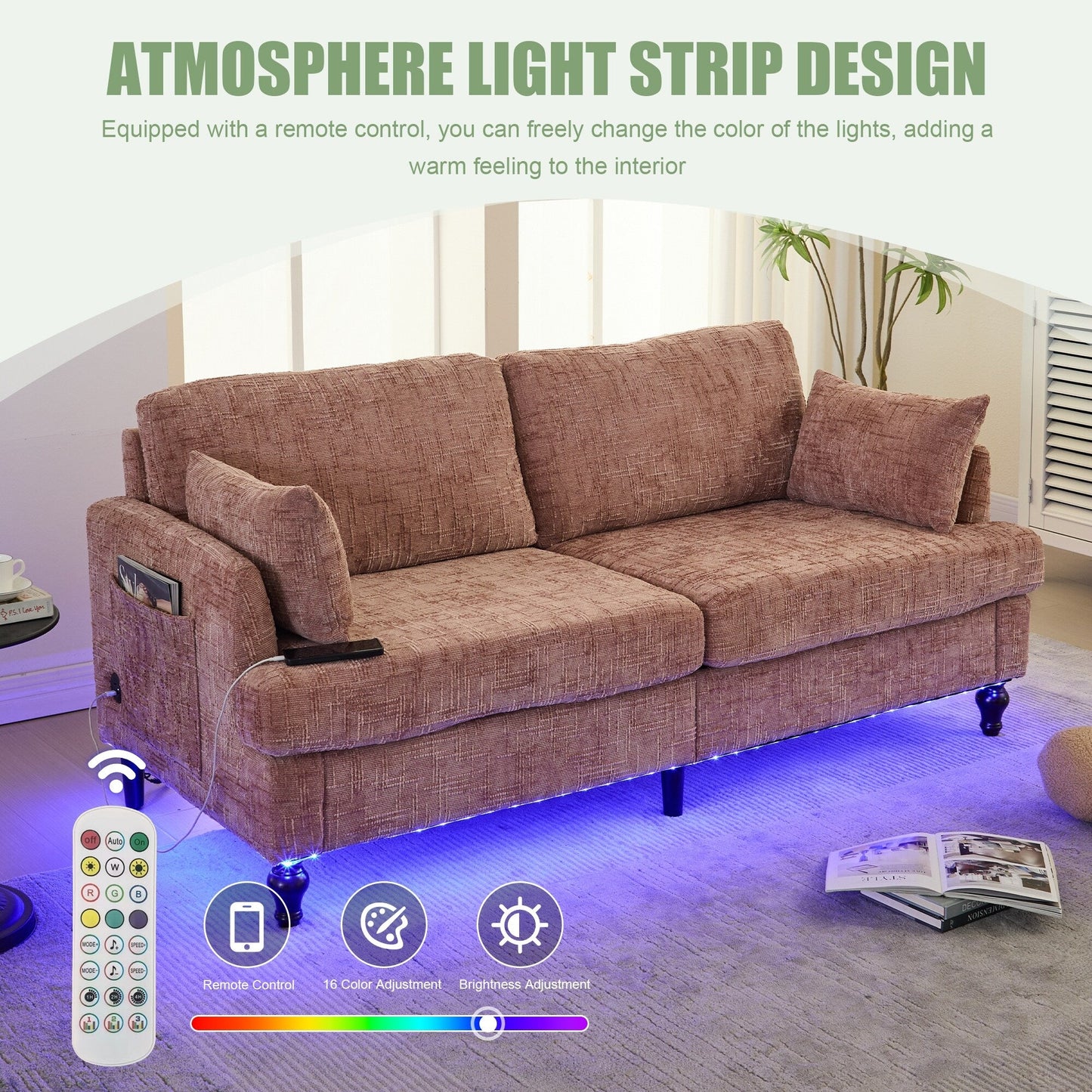 Canapé 2 places en chenille de style moderne avec pieds en bois, éclairage LED, port de chargement USB et sac de rangement, pour salon, chambre, bureau