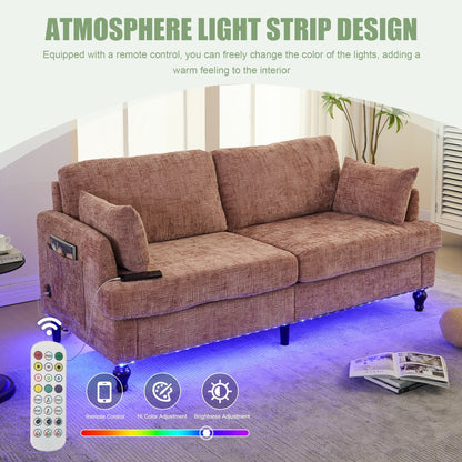 Canapé 2 places en chenille de style moderne avec pieds en bois, éclairage LED, port de chargement USB et sac de rangement, pour salon, chambre, bureau