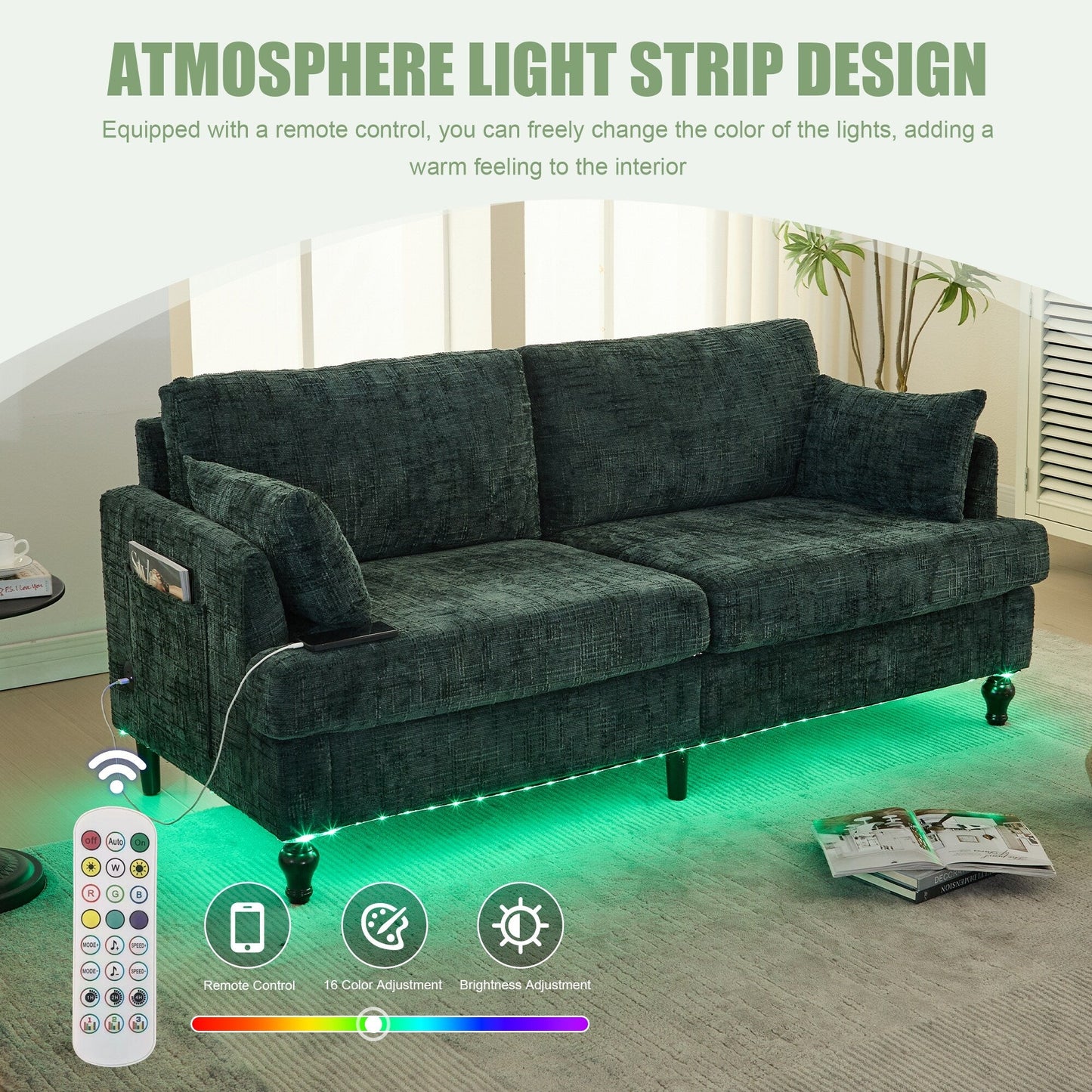Canapé 2 places en chenille de style moderne avec pieds en bois, éclairage LED, port de chargement USB et sac de rangement, pour salon, chambre, bureau