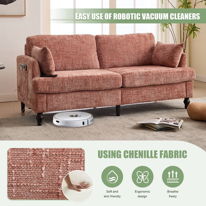Canapé 2 places en chenille de style moderne avec pieds en bois, éclairage LED, port de chargement USB et sac de rangement, pour salon, chambre, bureau