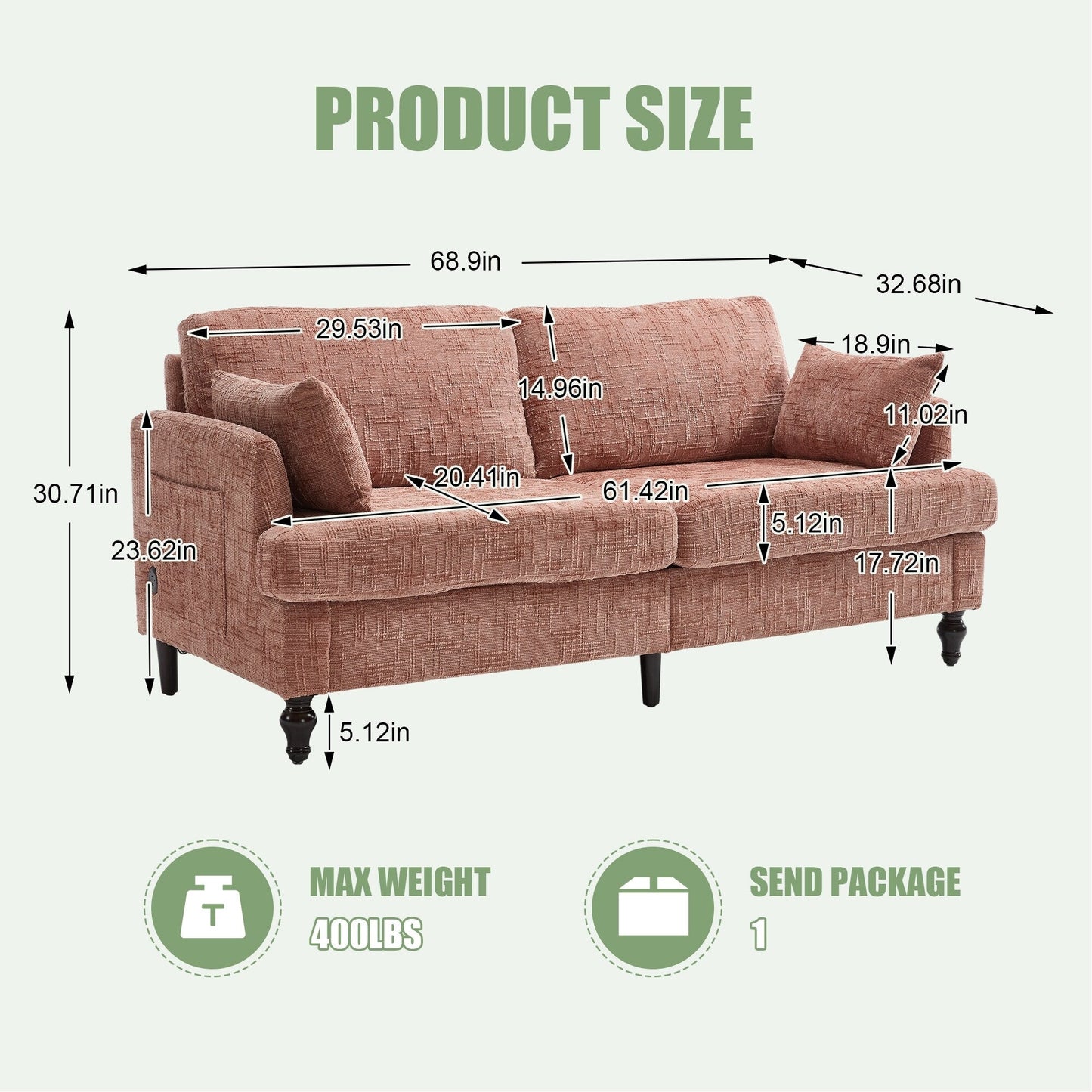 Canapé 2 places en chenille de style moderne avec pieds en bois, éclairage LED, port de chargement USB et sac de rangement, pour salon, chambre, bureau