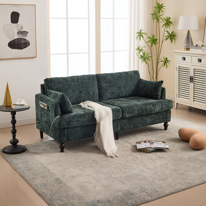 Canapé 2 places en chenille de style moderne avec pieds en bois, éclairage LED, port de chargement USB et sac de rangement, pour salon, chambre, bureau