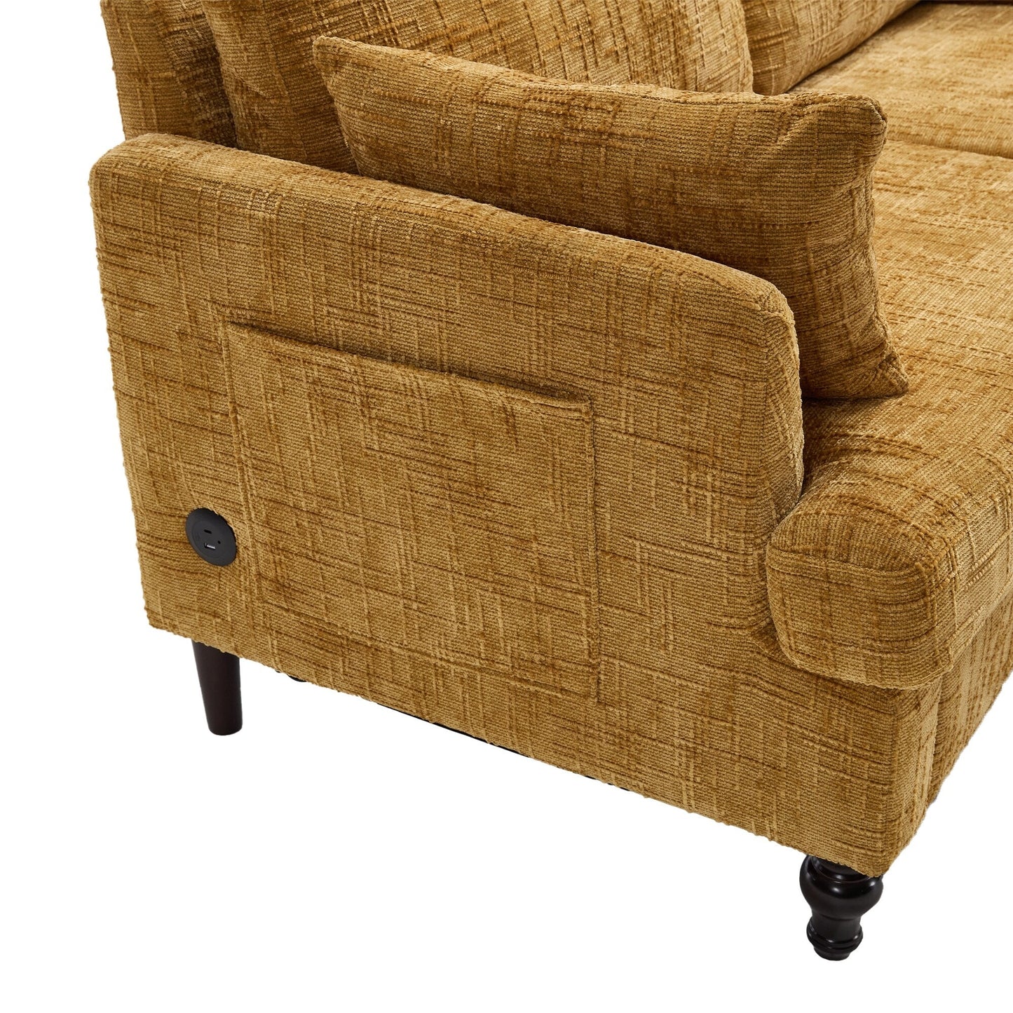 Canapé 2 places en chenille de style moderne avec pieds en bois, éclairage LED, port de chargement USB et sac de rangement, pour salon, chambre, bureau