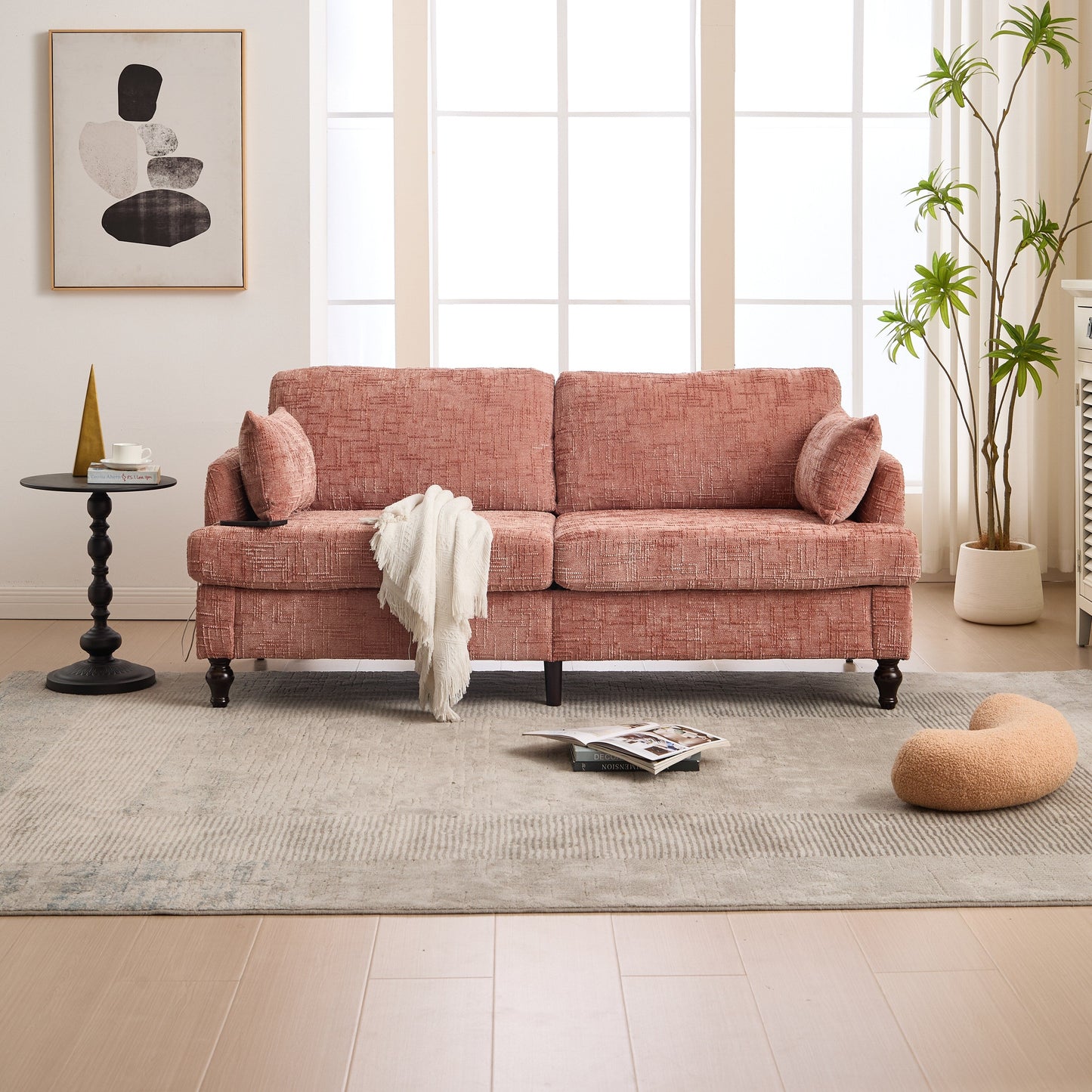 Canapé 2 places en chenille de style moderne avec pieds en bois, éclairage LED, port de chargement USB et sac de rangement, pour salon, chambre, bureau