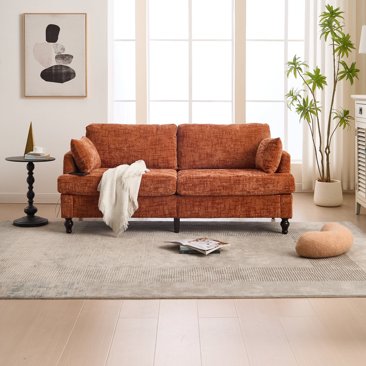 Canapé 2 places en chenille de style moderne avec pieds en bois, éclairage LED, port de chargement USB et sac de rangement, pour salon, chambre, bureau