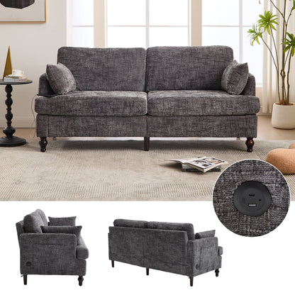 Canapé 2 places en chenille de style moderne avec pieds en bois, éclairage LED, port de chargement USB et sac de rangement, pour salon, chambre, bureau