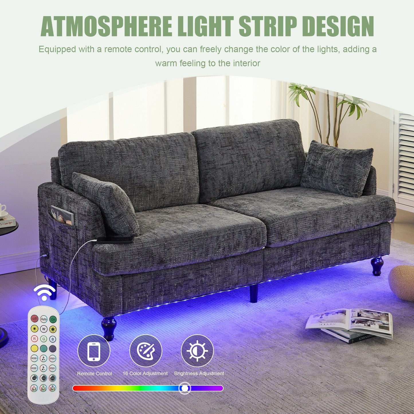 Canapé 2 places en chenille de style moderne avec pieds en bois, éclairage LED, port de chargement USB et sac de rangement, pour salon, chambre, bureau