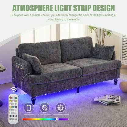 Canapé 2 places en chenille de style moderne avec pieds en bois, éclairage LED, port de chargement USB et sac de rangement, pour salon, chambre, bureau