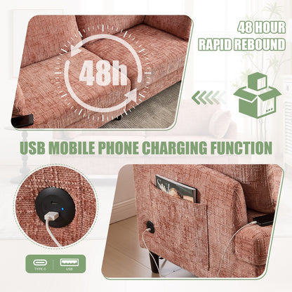 Canapé 2 places en chenille de style moderne avec pieds en bois, éclairage LED, port de chargement USB et sac de rangement, idéal pour le salon, la chambre à coucher ou le bureau.