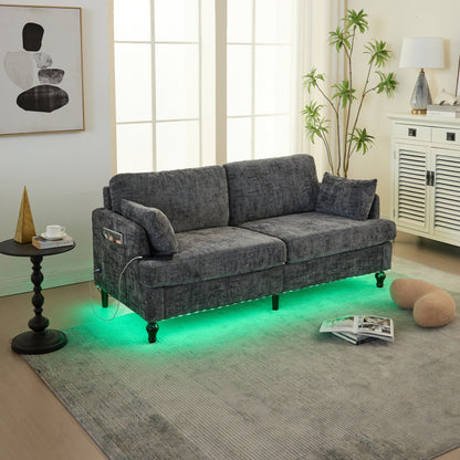 Canapé 2 places en chenille de style moderne avec pieds en bois, éclairage LED, port de chargement USB et sac de rangement, idéal pour le salon, la chambre à coucher ou le bureau.