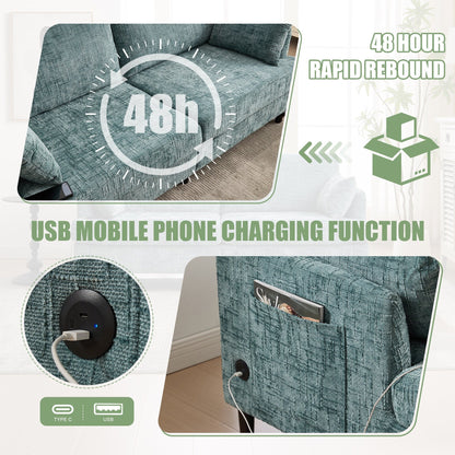 Canapé 2 places en chenille de style moderne avec pieds en bois, éclairage LED, port de chargement USB et sac de rangement, idéal pour le salon, la chambre à coucher ou le bureau.
