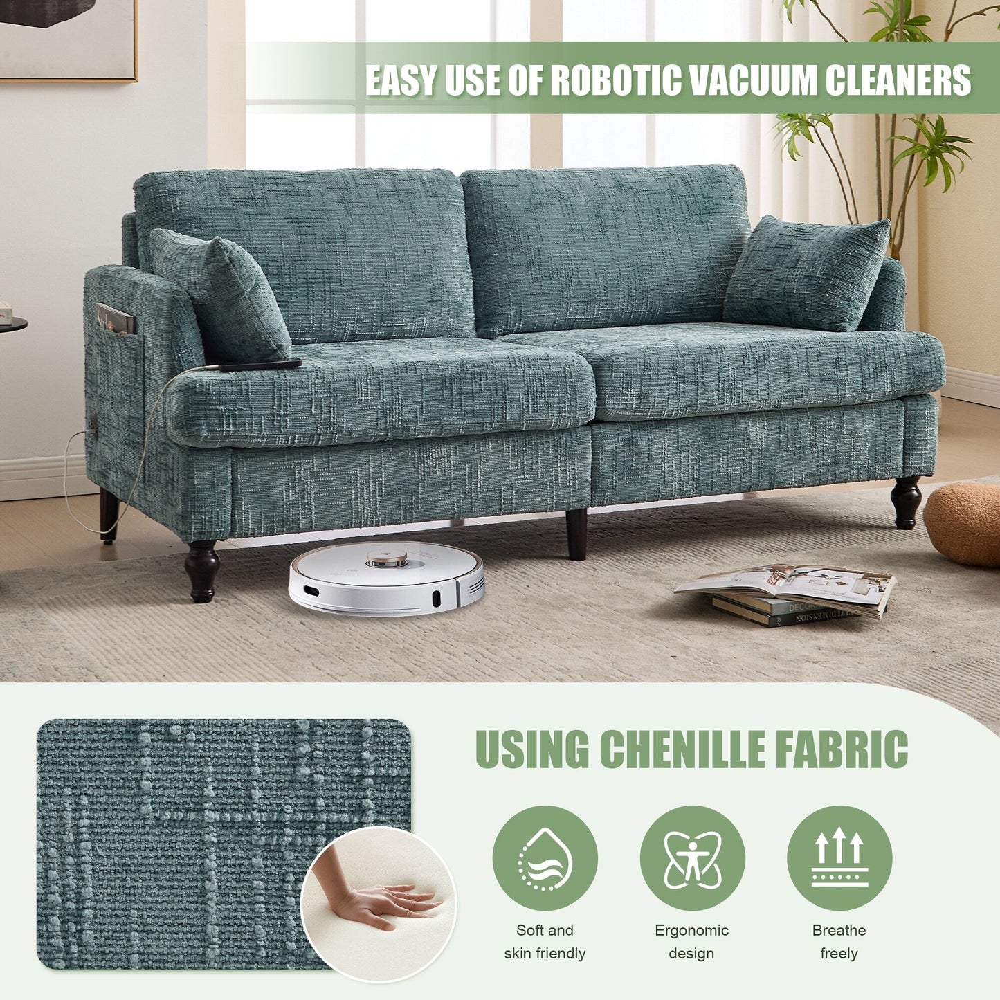 Canapé 2 places en chenille de style moderne avec pieds en bois, éclairage LED, port de chargement USB et sac de rangement, idéal pour le salon, la chambre à coucher ou le bureau.