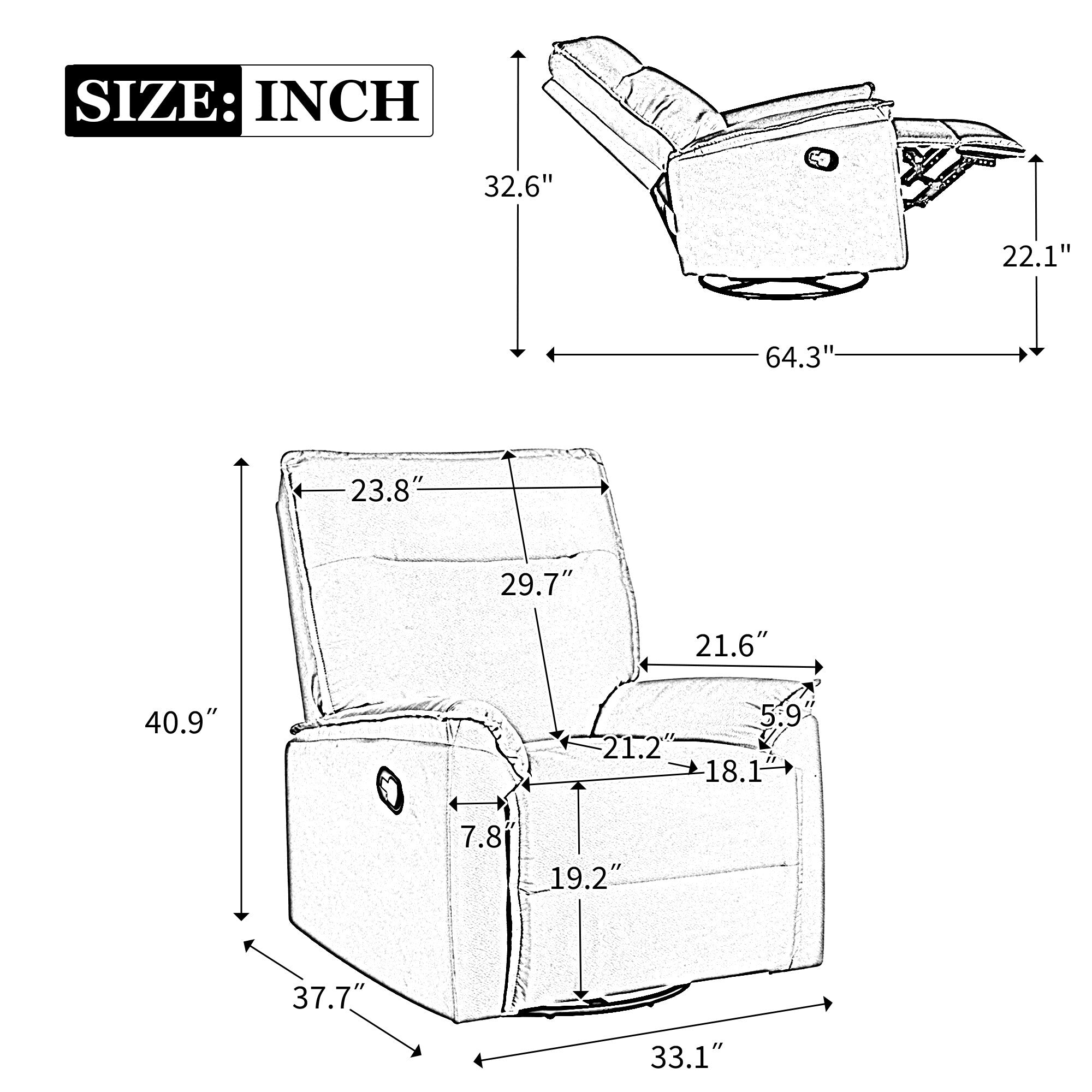 Fauteuil inclinable manuel pivotant moderne avec dossier rembourré et réglable pour salon ou chambre d'enfant