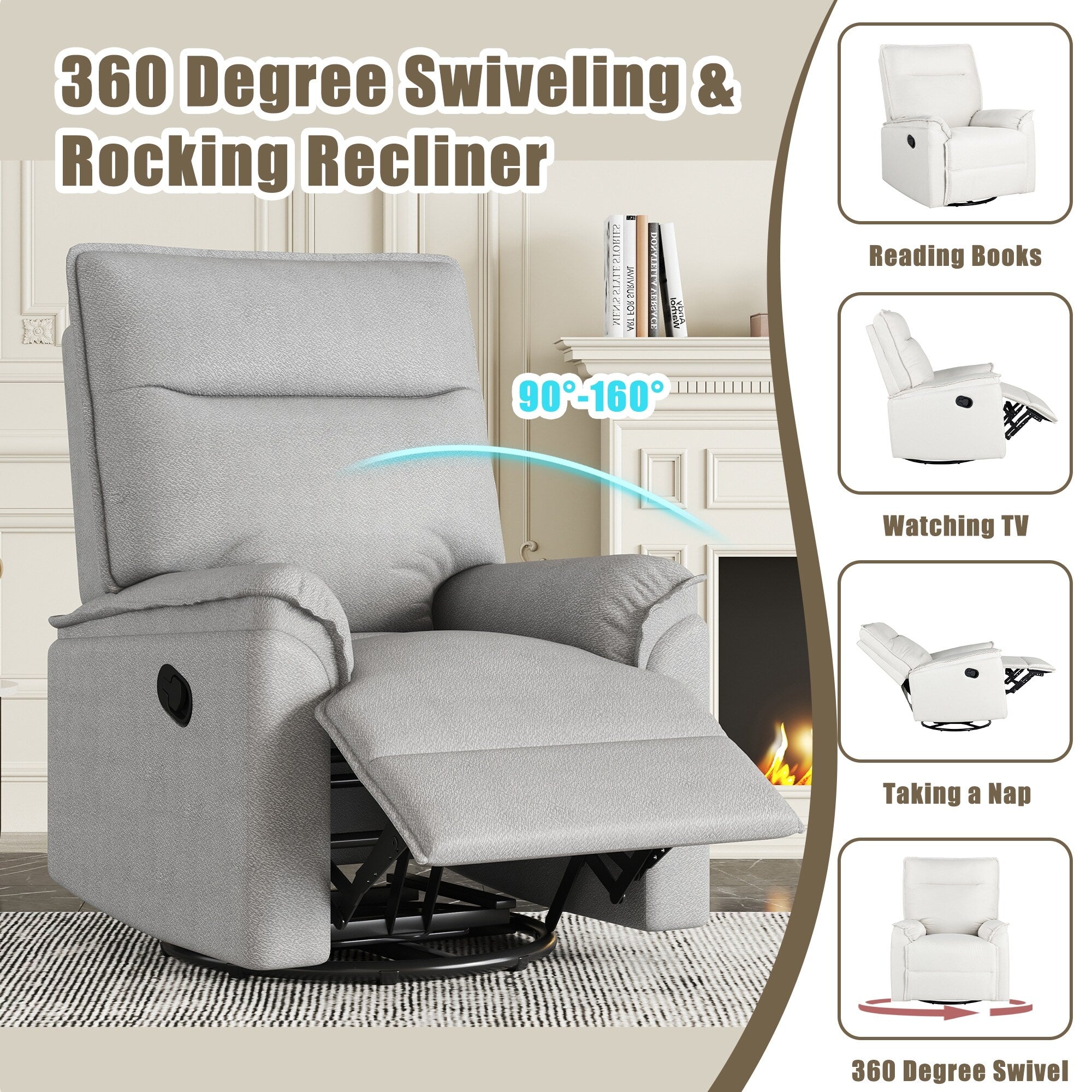 Fauteuil inclinable manuel pivotant moderne avec dossier rembourré et réglable pour salon ou chambre d'enfant