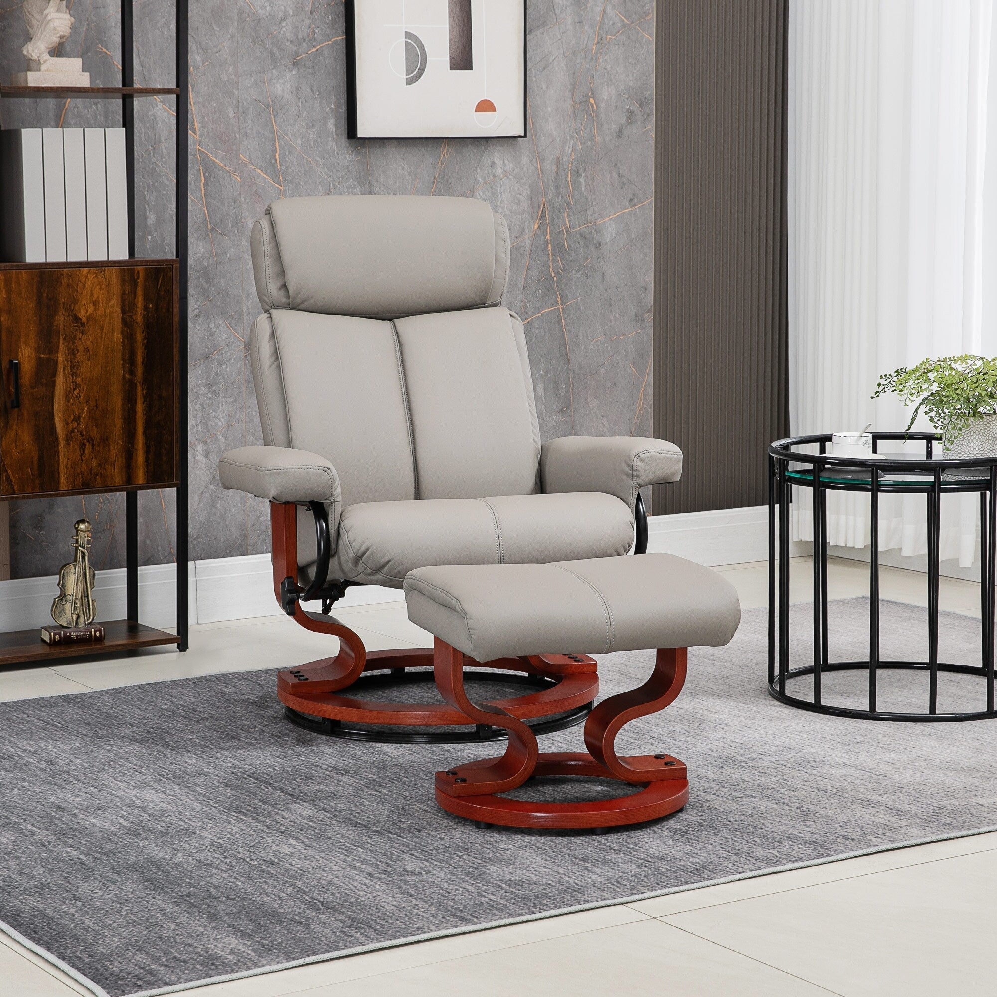 Fauteuil inclinable pivotant moderne en cuir synthétique avec repose-pieds, base en bois et appui-tête réglable pour salon et bureau
