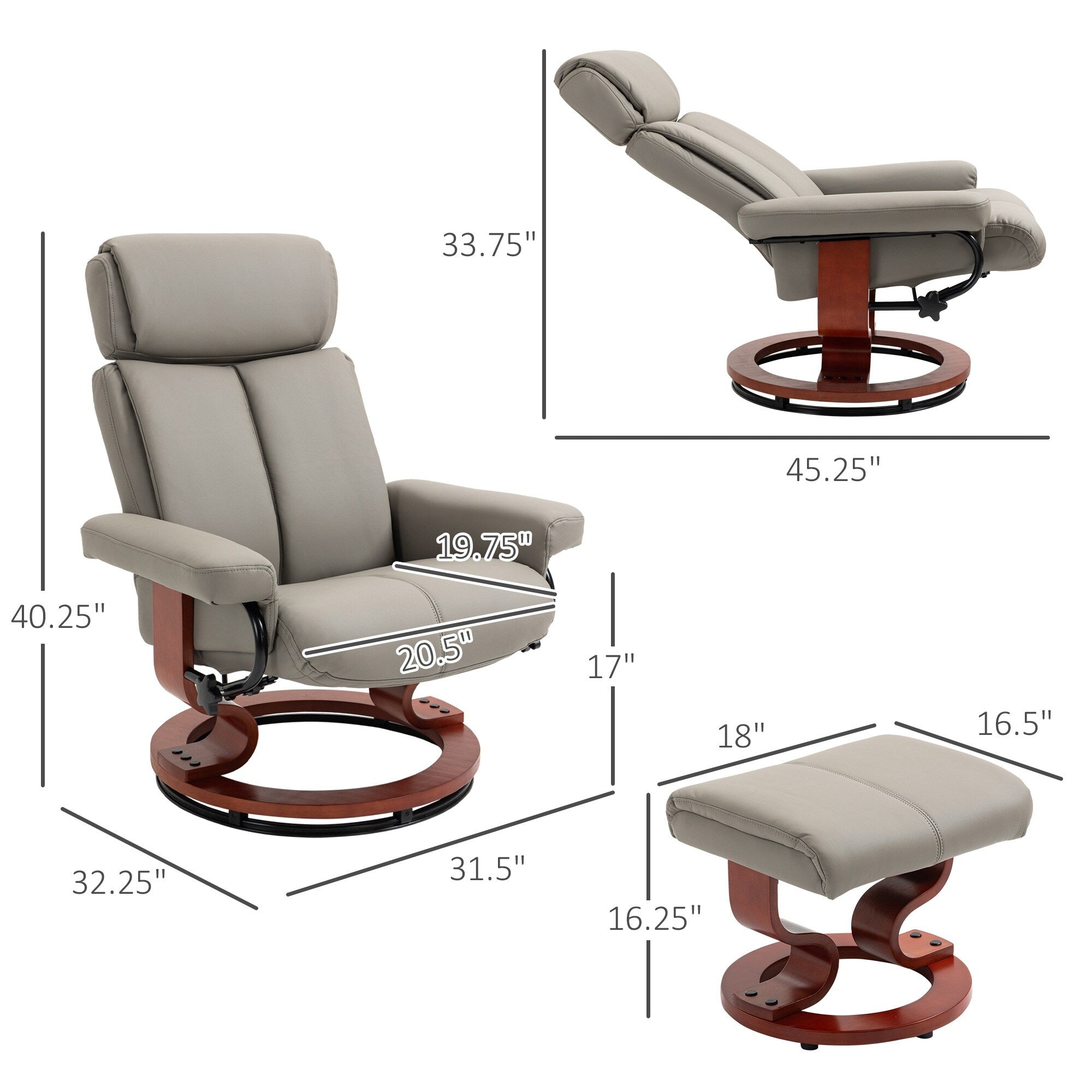 Fauteuil inclinable pivotant moderne en cuir synthétique avec repose-pieds, base en bois et appui-tête réglable pour salon et bureau