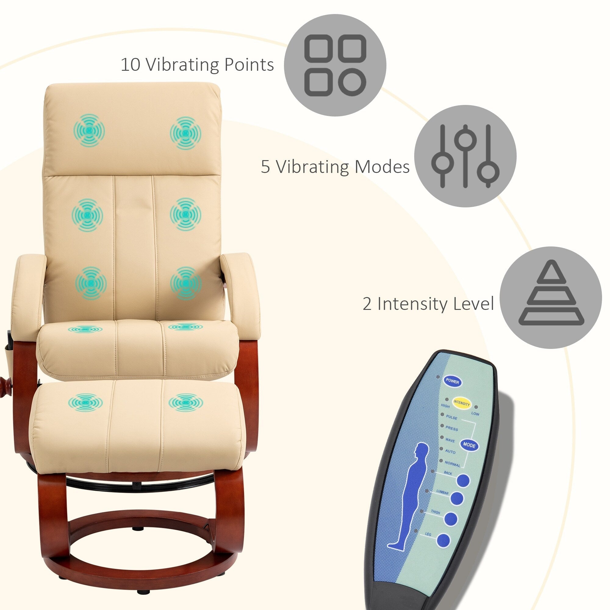 Fauteuil inclinable de massage pivotant moderne en cuir avec base en bois et repose-pieds, vibration à 10 points, 5 modes, télécommande et poche latérale
