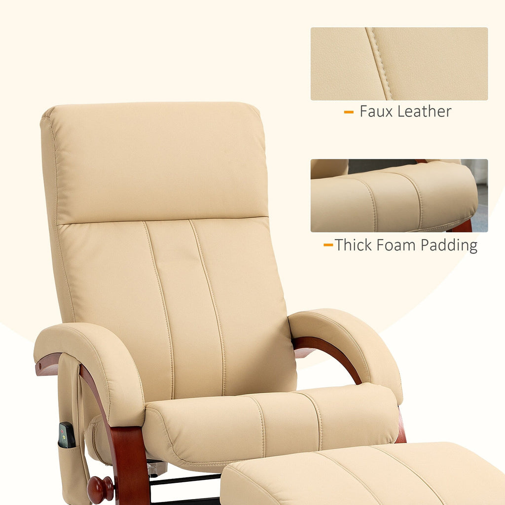 Fauteuil inclinable de massage pivotant moderne en cuir avec base en bois et repose-pieds, vibration à 10 points, 5 modes, télécommande et poche latérale