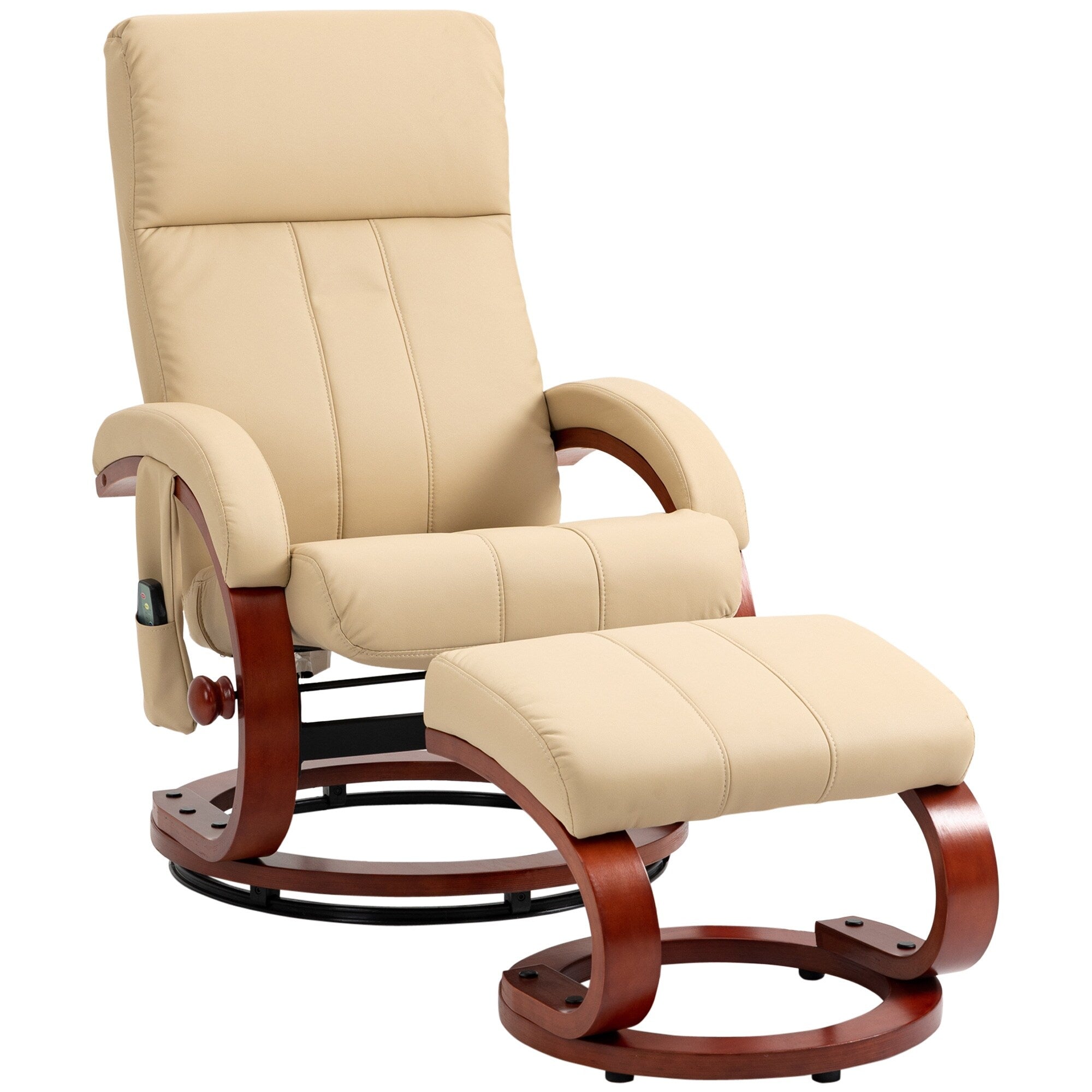 Fauteuil inclinable de massage pivotant moderne en cuir avec base en bois et repose-pieds, vibration à 10 points, 5 modes, télécommande et poche latérale