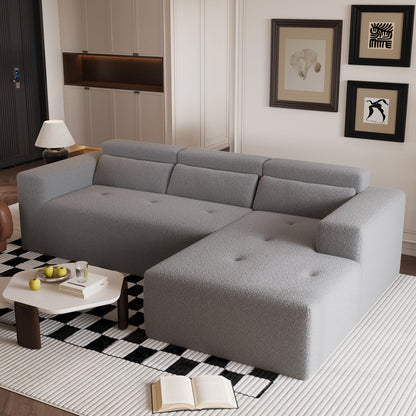 Canapé sectionnel moderne en tissu Teddy en forme de L, canapé 3 places avec méridienne et oreillers pour salon et appartement