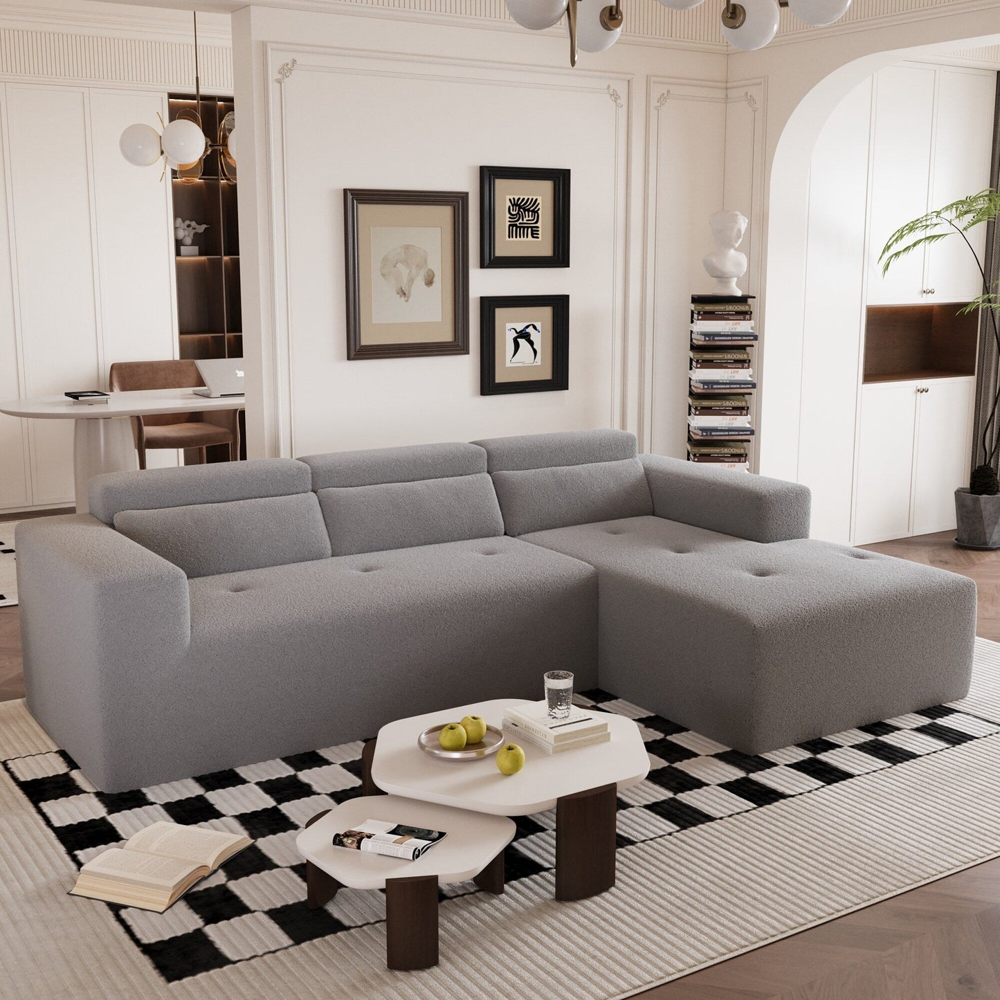 Canapé sectionnel moderne en tissu Teddy en forme de L, canapé 3 places avec méridienne et oreillers pour salon et appartement