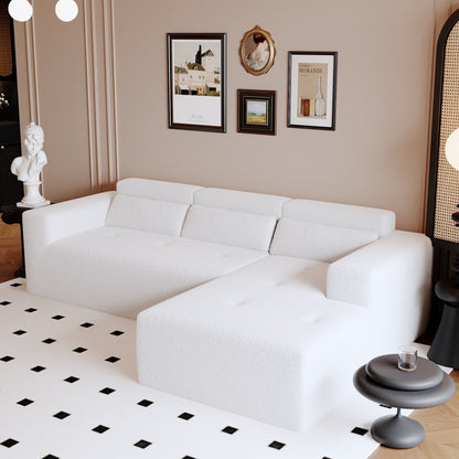 Canapé sectionnel moderne en tissu Teddy en forme de L, canapé 3 places avec méridienne et oreillers pour salon et appartement