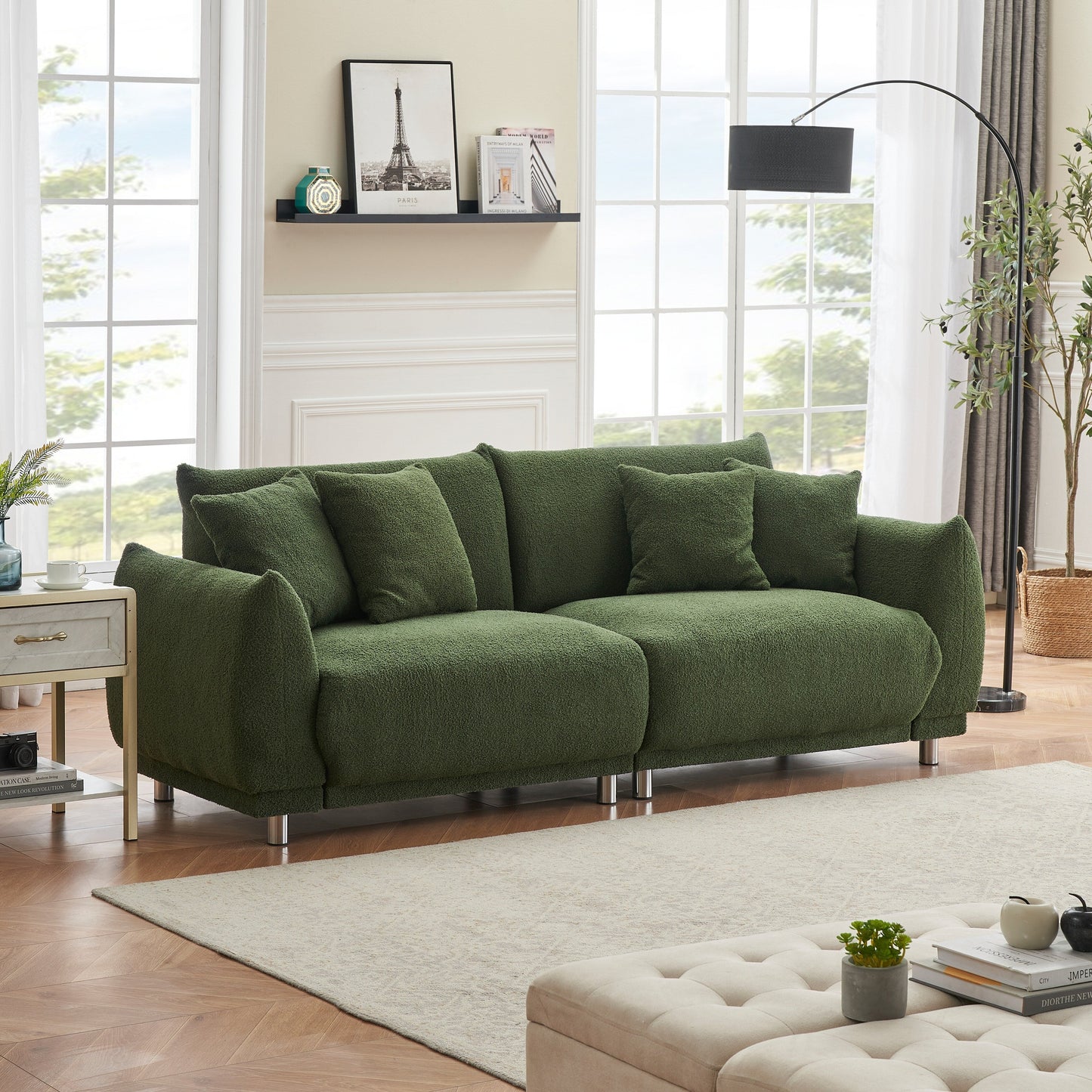 Canapé moderne en laine Teddy, causeuse confortable avec 4 coussins décoratifs et pieds en fer pour salon et appartement