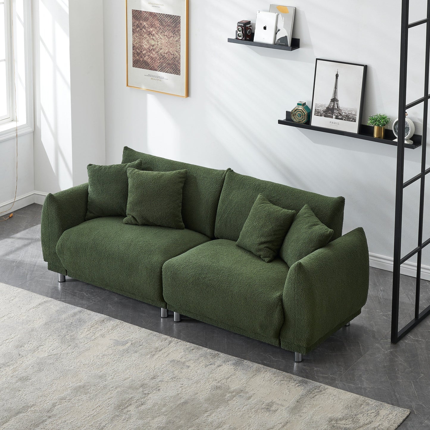 Canapé moderne en laine Teddy, causeuse confortable avec 4 coussins décoratifs et pieds en fer pour salon et appartement