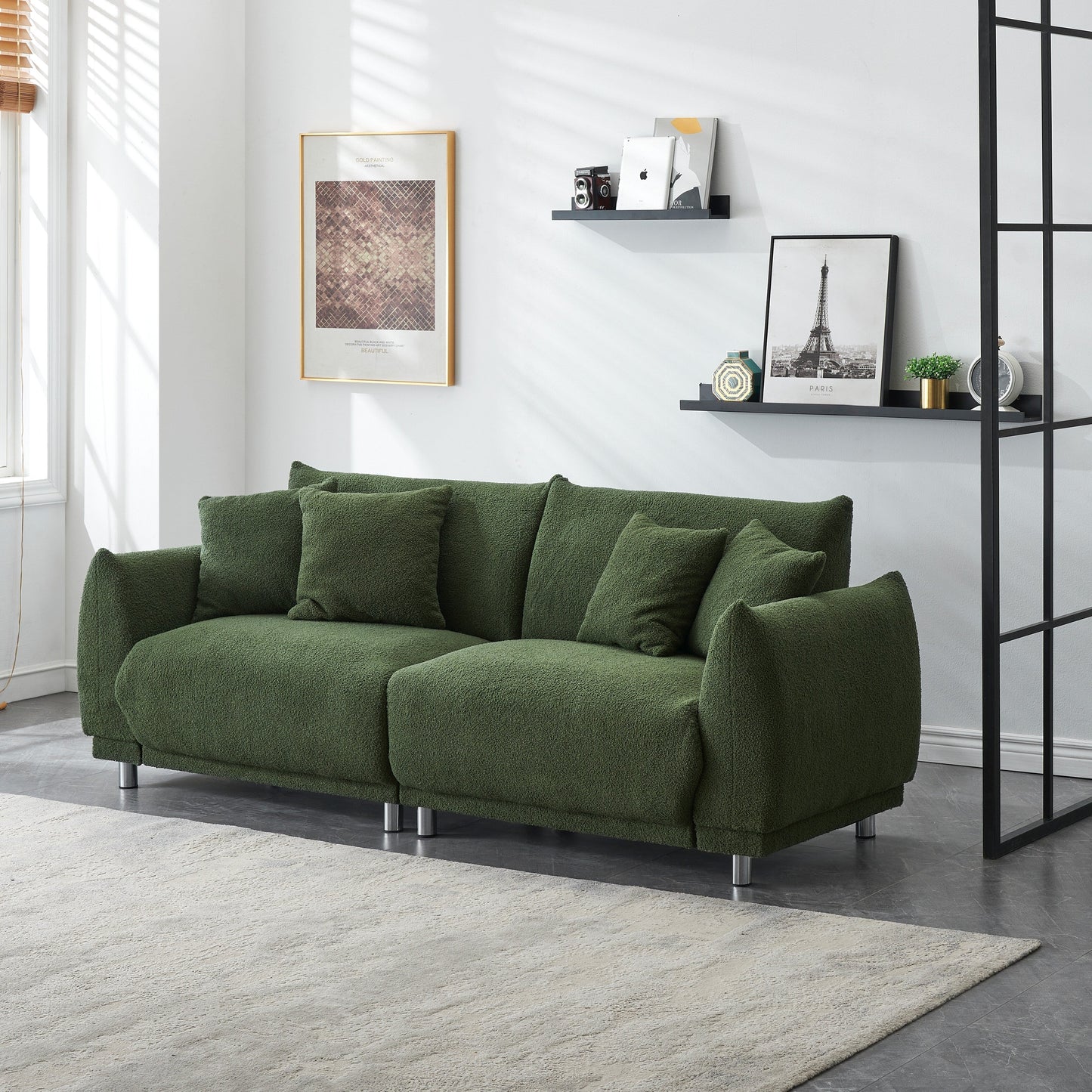 Canapé moderne en laine Teddy, causeuse confortable avec 4 coussins décoratifs et pieds en fer pour salon et appartement