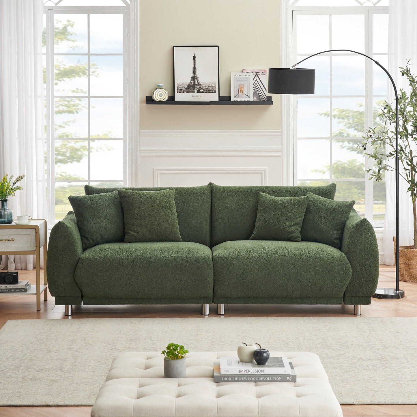 Canapé moderne en laine Teddy, causeuse confortable avec 4 coussins décoratifs et pieds en fer pour salon et appartement