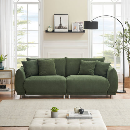 Canapé moderne en laine Teddy, causeuse confortable avec 4 coussins décoratifs et pieds en fer pour salon et appartement