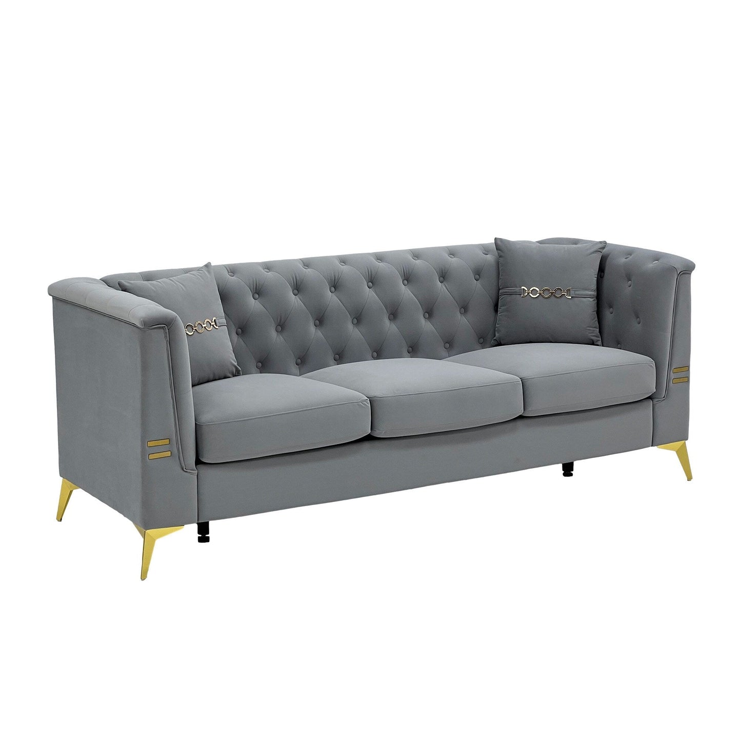 Canapé moderne en velours capitonné, canapé 3 places style milieu de siècle avec pieds et coussins en métal doré, élégant canapé de style Chesterfield
