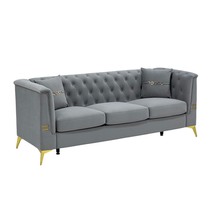Canapé moderne en velours capitonné, canapé 3 places style milieu de siècle avec pieds et coussins en métal doré, élégant canapé de style Chesterfield
