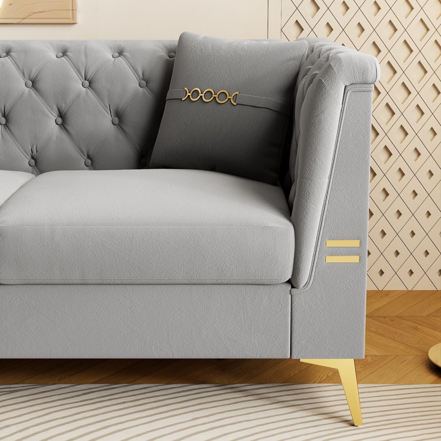 Canapé moderne en velours capitonné, canapé 3 places style milieu de siècle avec pieds et coussins en métal doré, élégant canapé de style Chesterfield