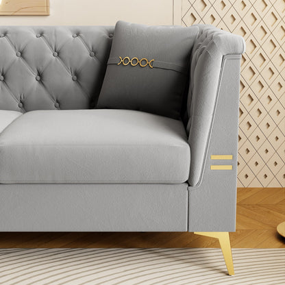 Canapé moderne en velours capitonné, canapé 3 places style milieu de siècle avec pieds et coussins en métal doré, élégant canapé de style Chesterfield