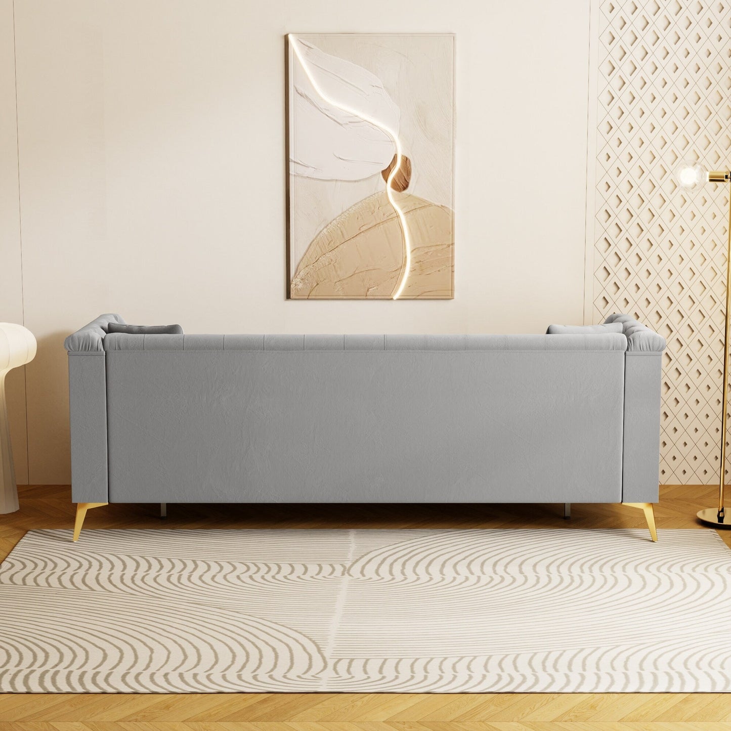 Canapé moderne en velours capitonné, canapé 3 places style milieu de siècle avec pieds et coussins en métal doré, élégant canapé de style Chesterfield