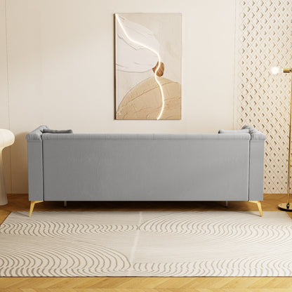 Canapé moderne en velours capitonné, canapé 3 places style milieu de siècle avec pieds et coussins en métal doré, élégant canapé de style Chesterfield