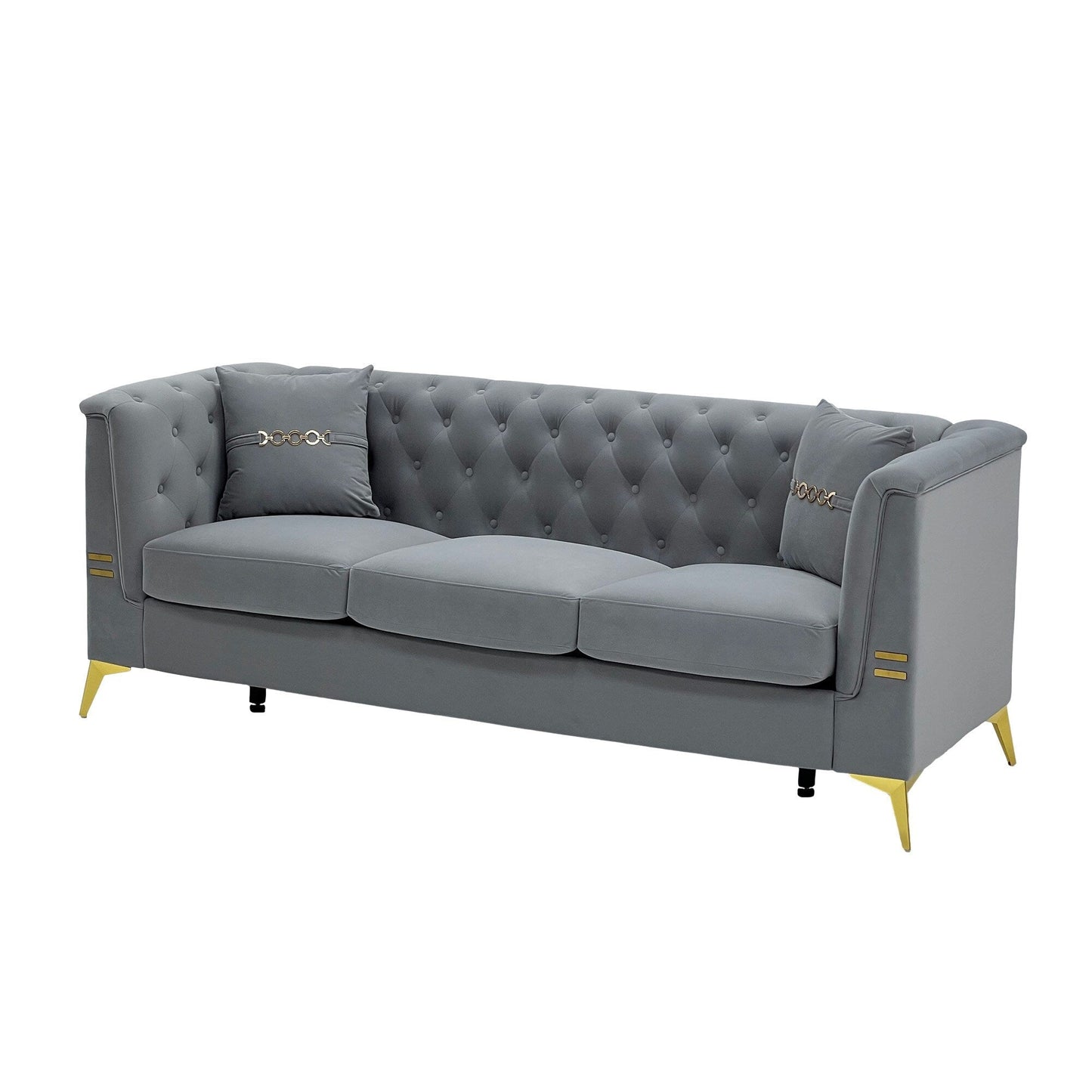 Canapé moderne en velours capitonné, canapé 3 places style milieu de siècle avec pieds et coussins en métal doré, élégant canapé de style Chesterfield