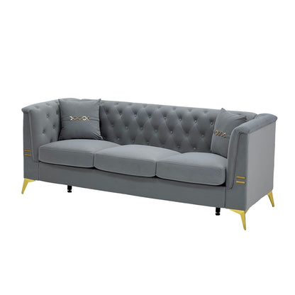 Canapé moderne en velours capitonné, canapé 3 places style milieu de siècle avec pieds et coussins en métal doré, élégant canapé de style Chesterfield